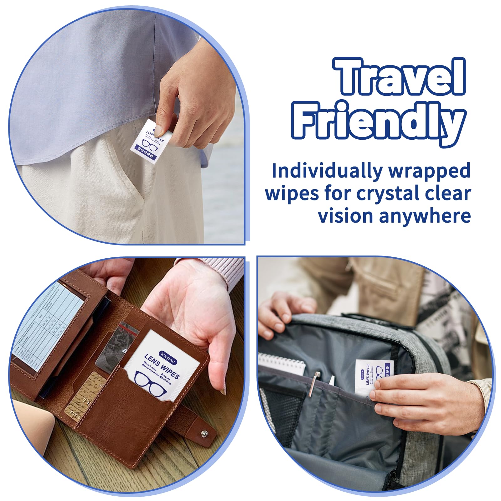 Compact, portable packaging for lens wipes