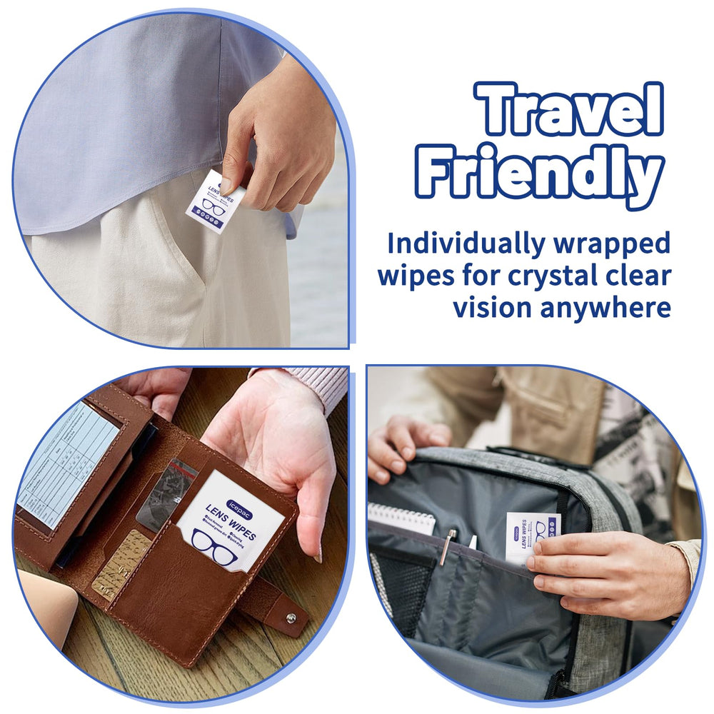 Compact, portable packaging for lens wipes