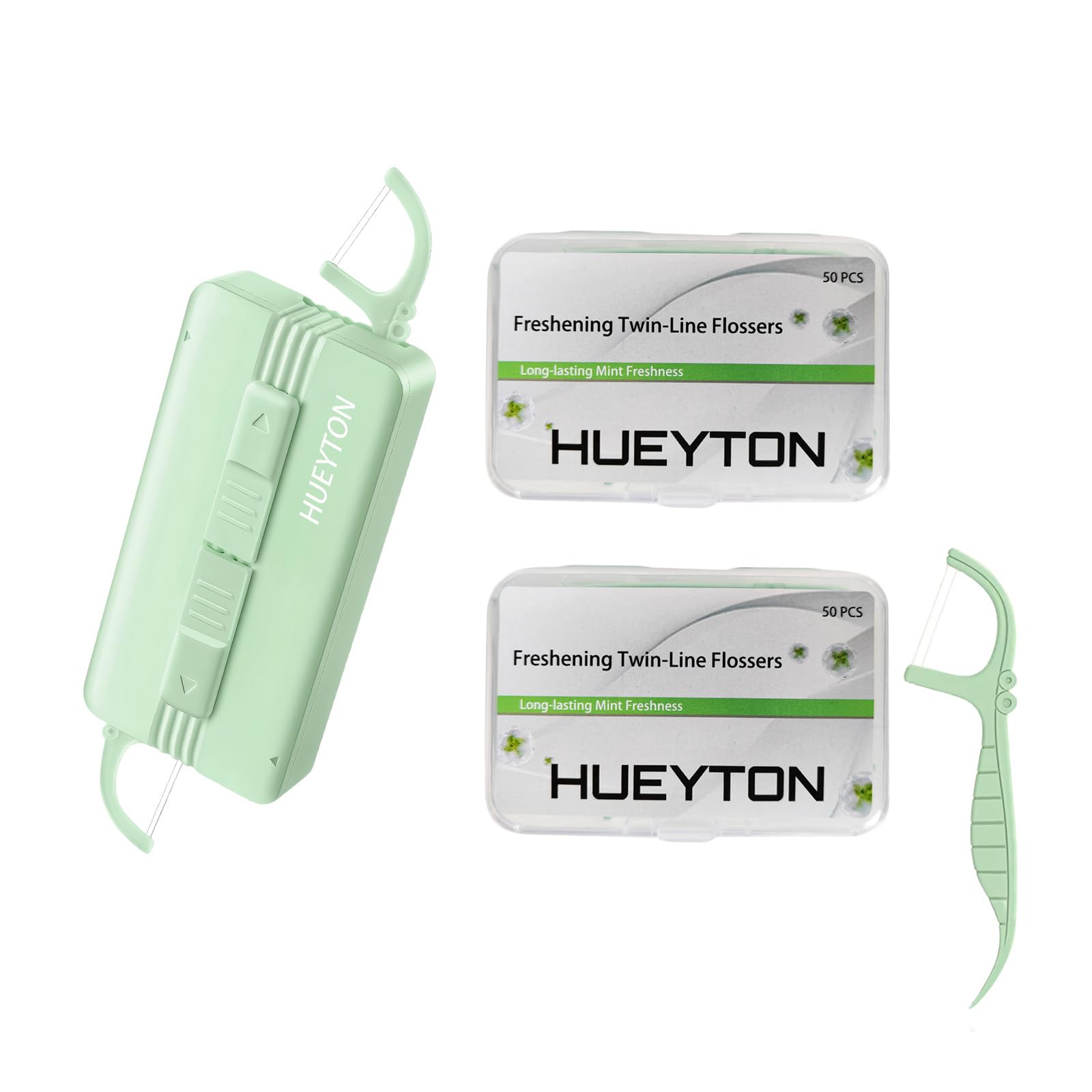 Mint green portable travel floss case with two mini dispensers