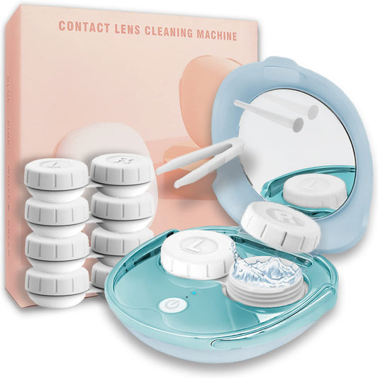 Front view of portable ultrasonic contact lens cleaner in blue