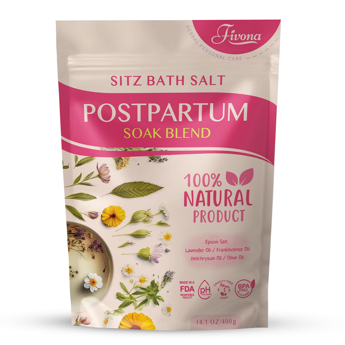 Front view of Postpartum Sitz Bath Salt packaging