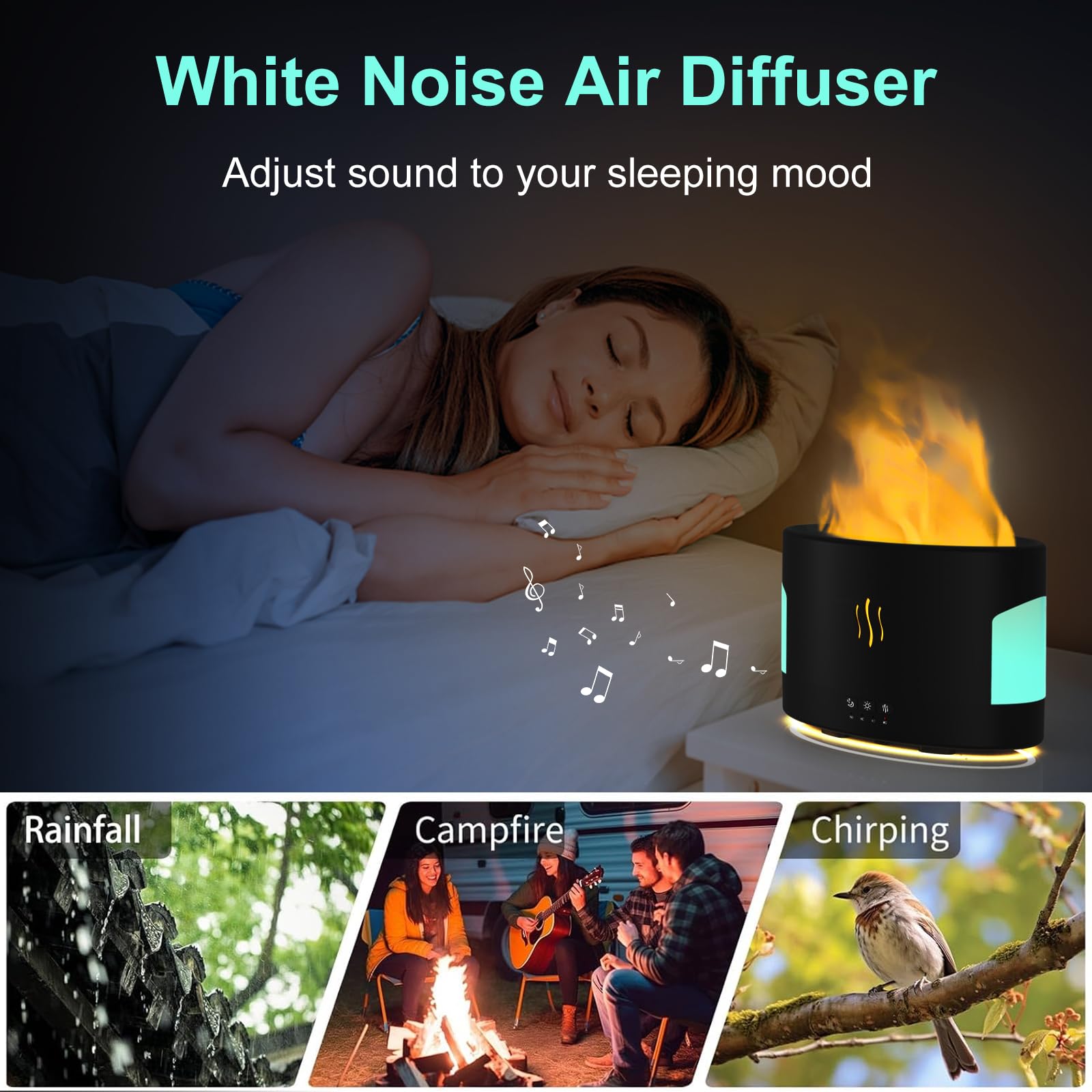 White POSVIU oil diffuser with flame mist, side view