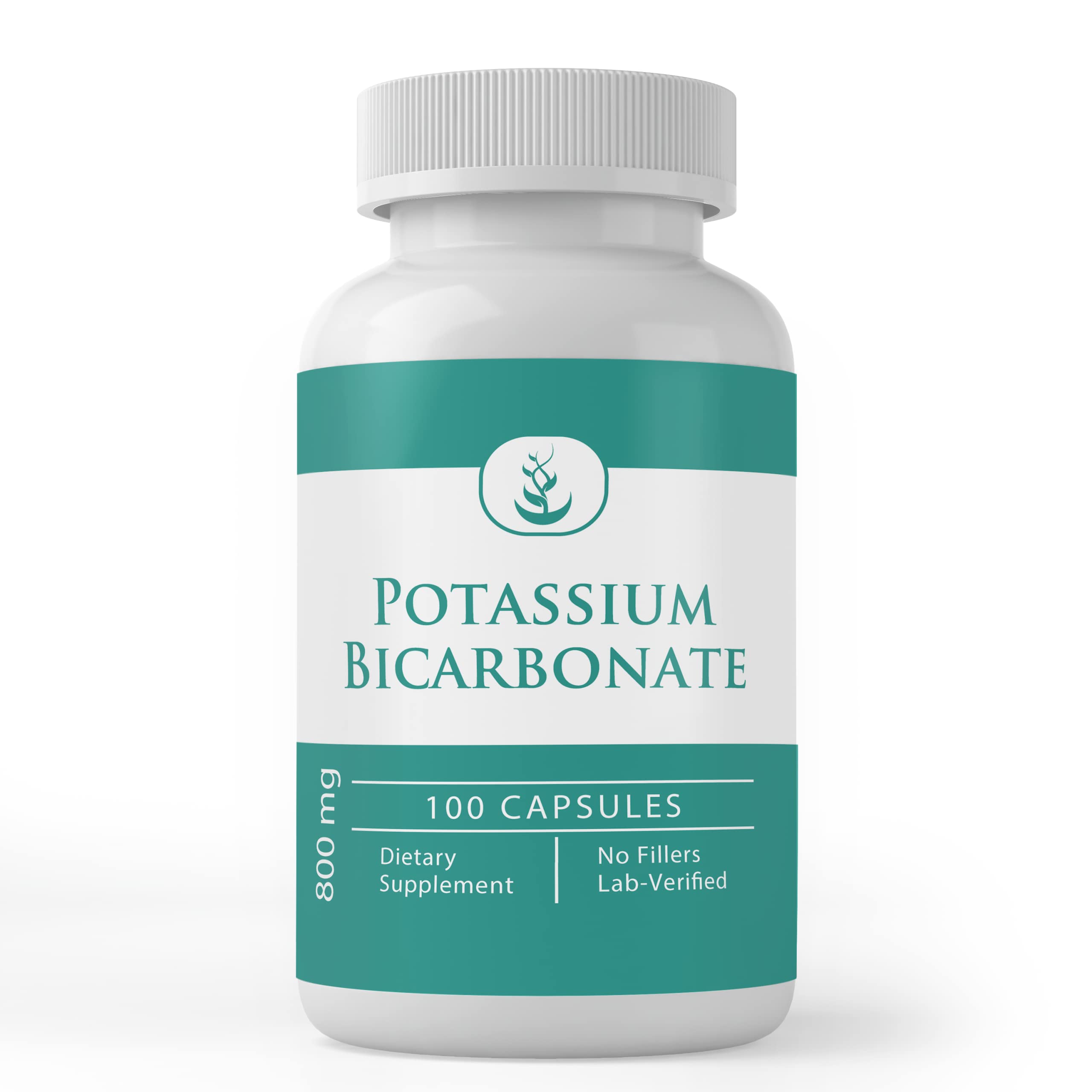 Front view of 100-count potassium bicarbonate capsules
