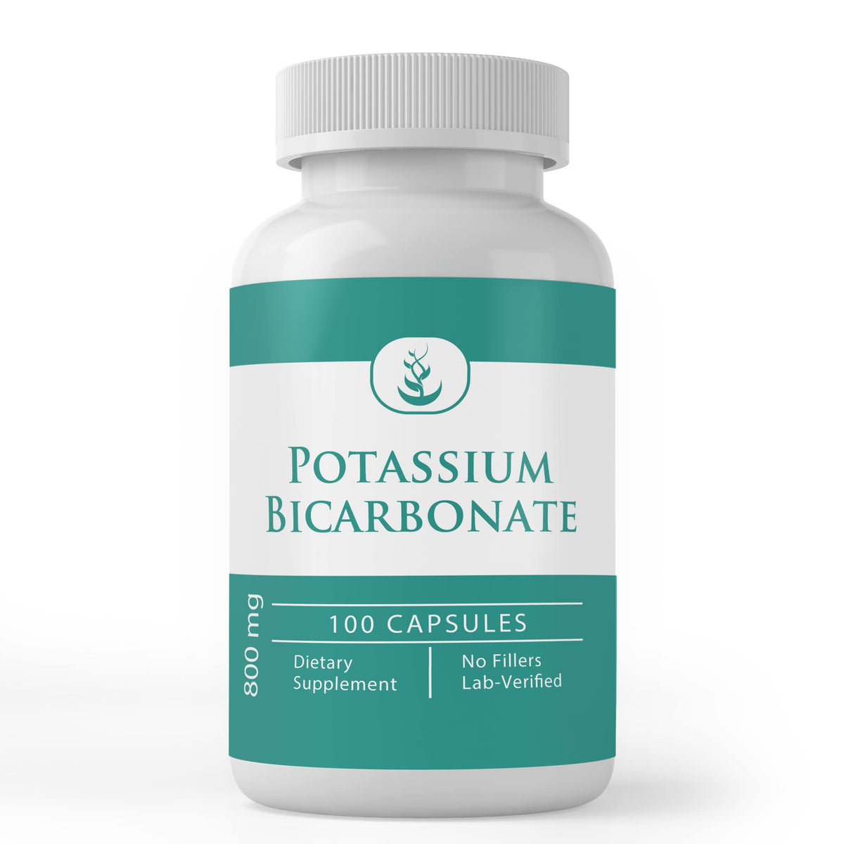 Front view of 100-count potassium bicarbonate capsules