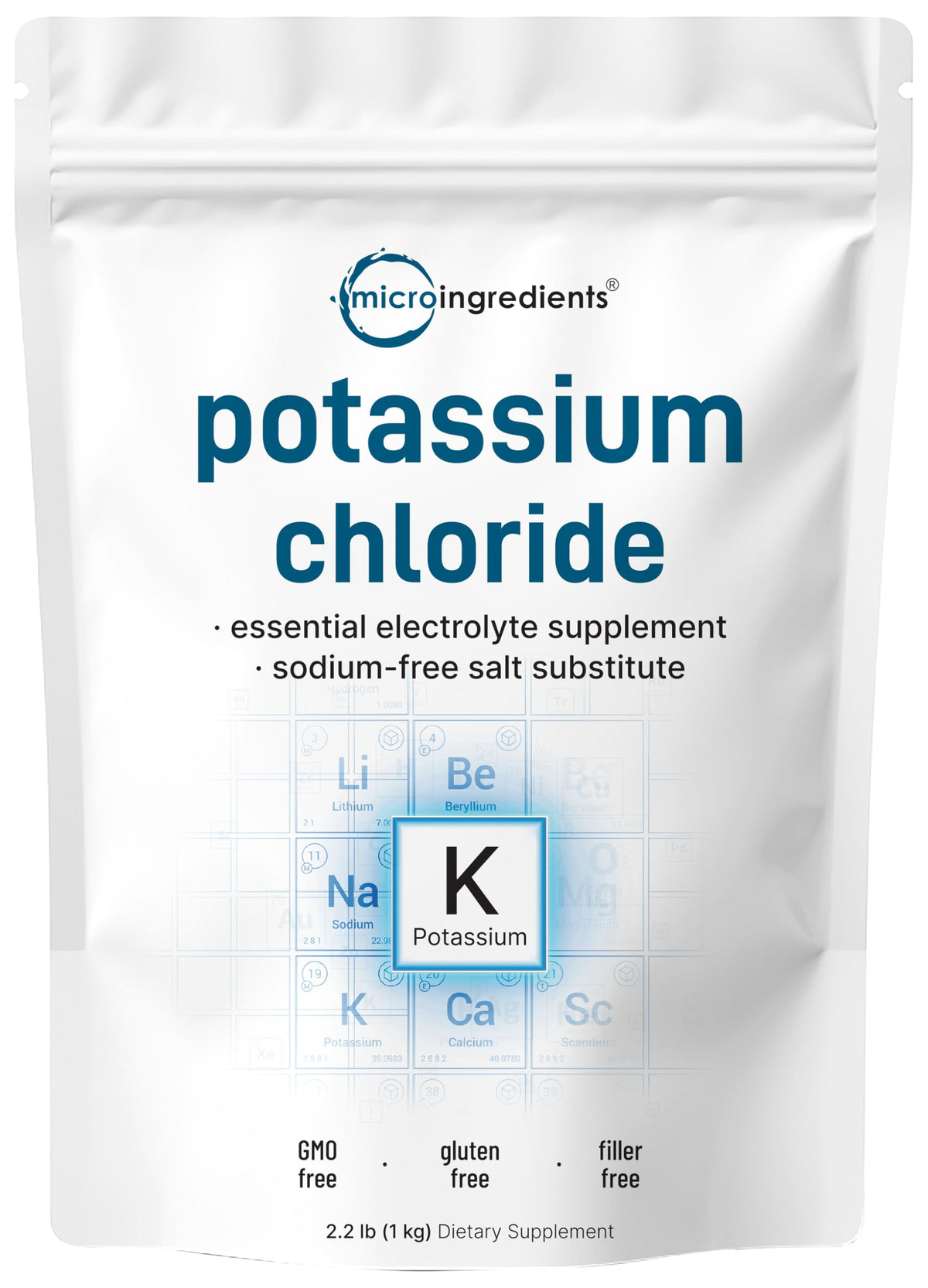 Front view of potassium chloride powder 1 kg