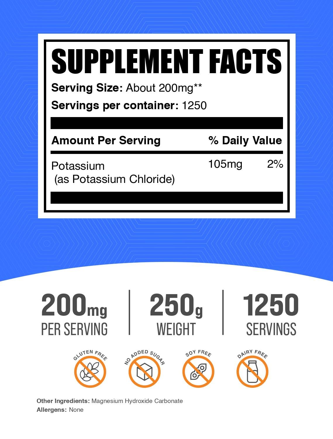 Front label of Potassium Chloride Powder showing 250 g