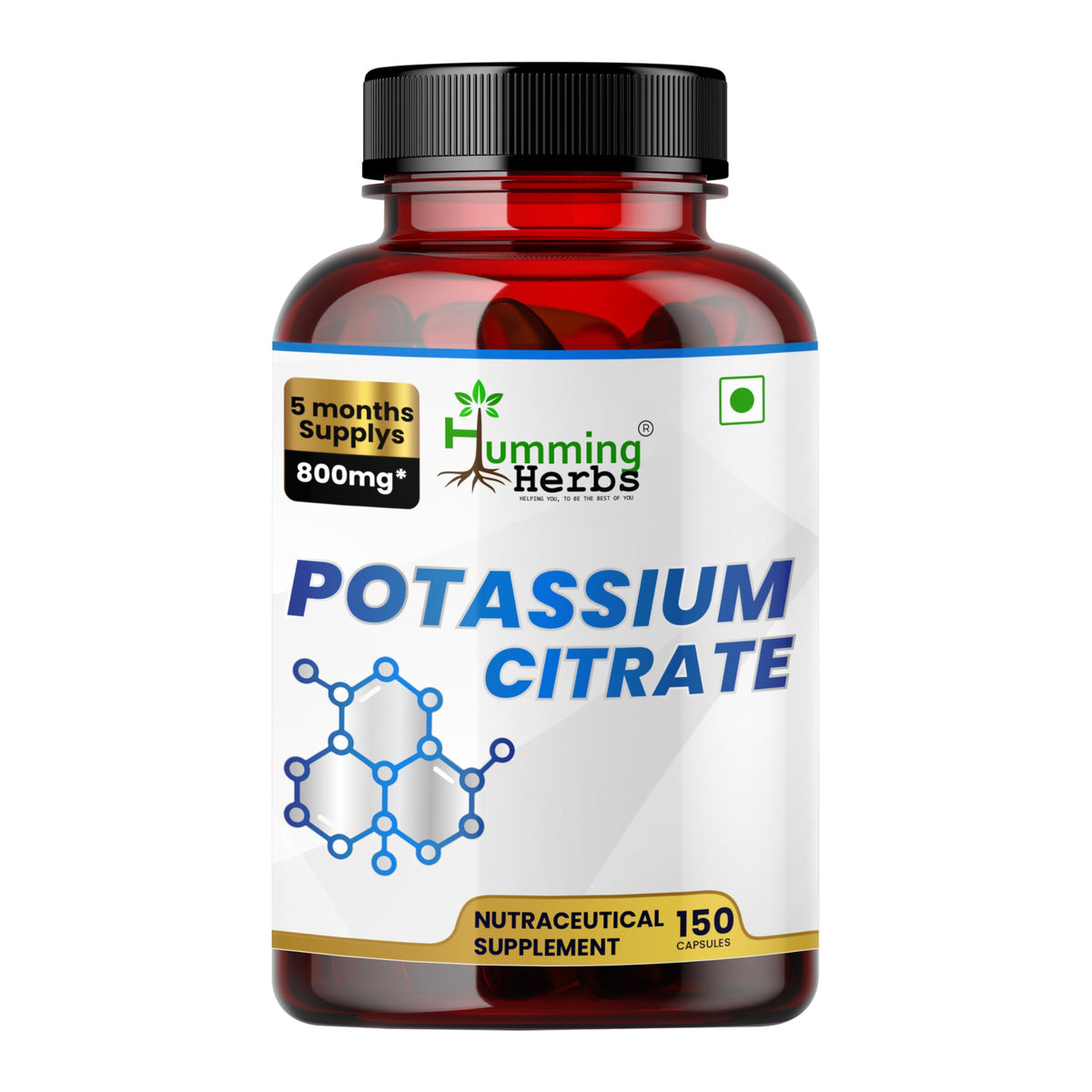 Product packaging of Potassium Citrate 800mg vegan capsules