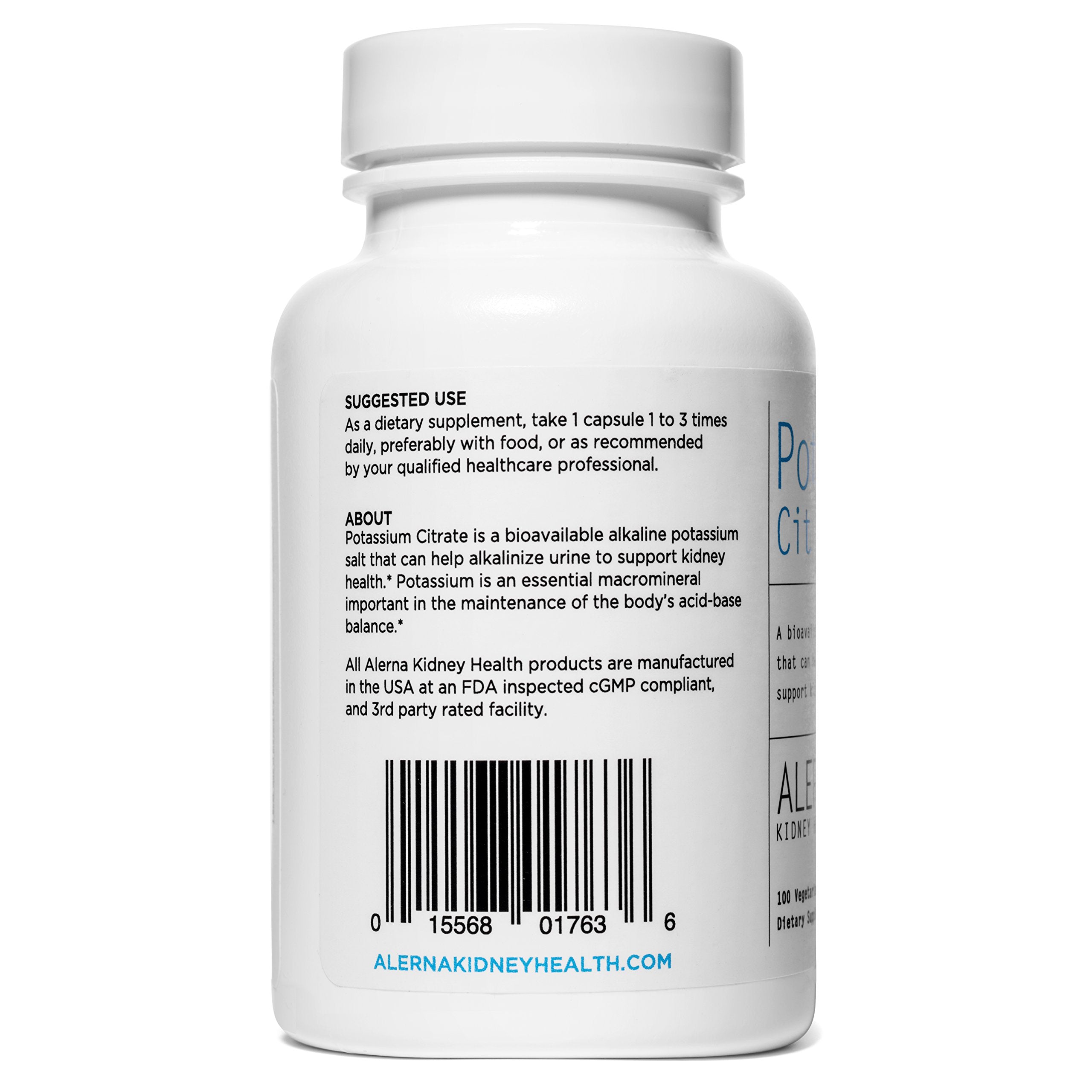 Label showing 99 mg potassium citrate per vegetarian capsule