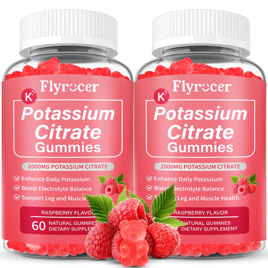 Two bottles of Raspberry Potassium Citrate Gummies, 120-count each, front view