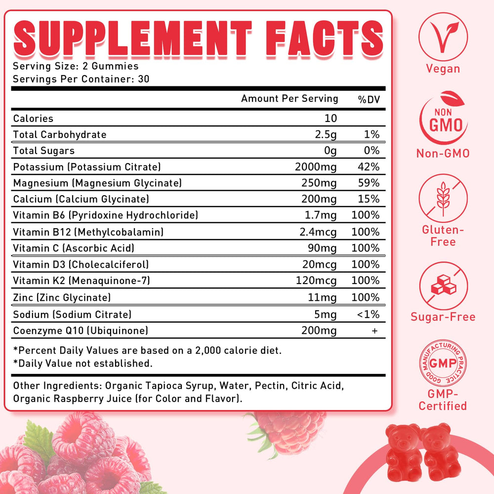 Nutrition facts panel on Raspberry Potassium Citrate Gummies bottle