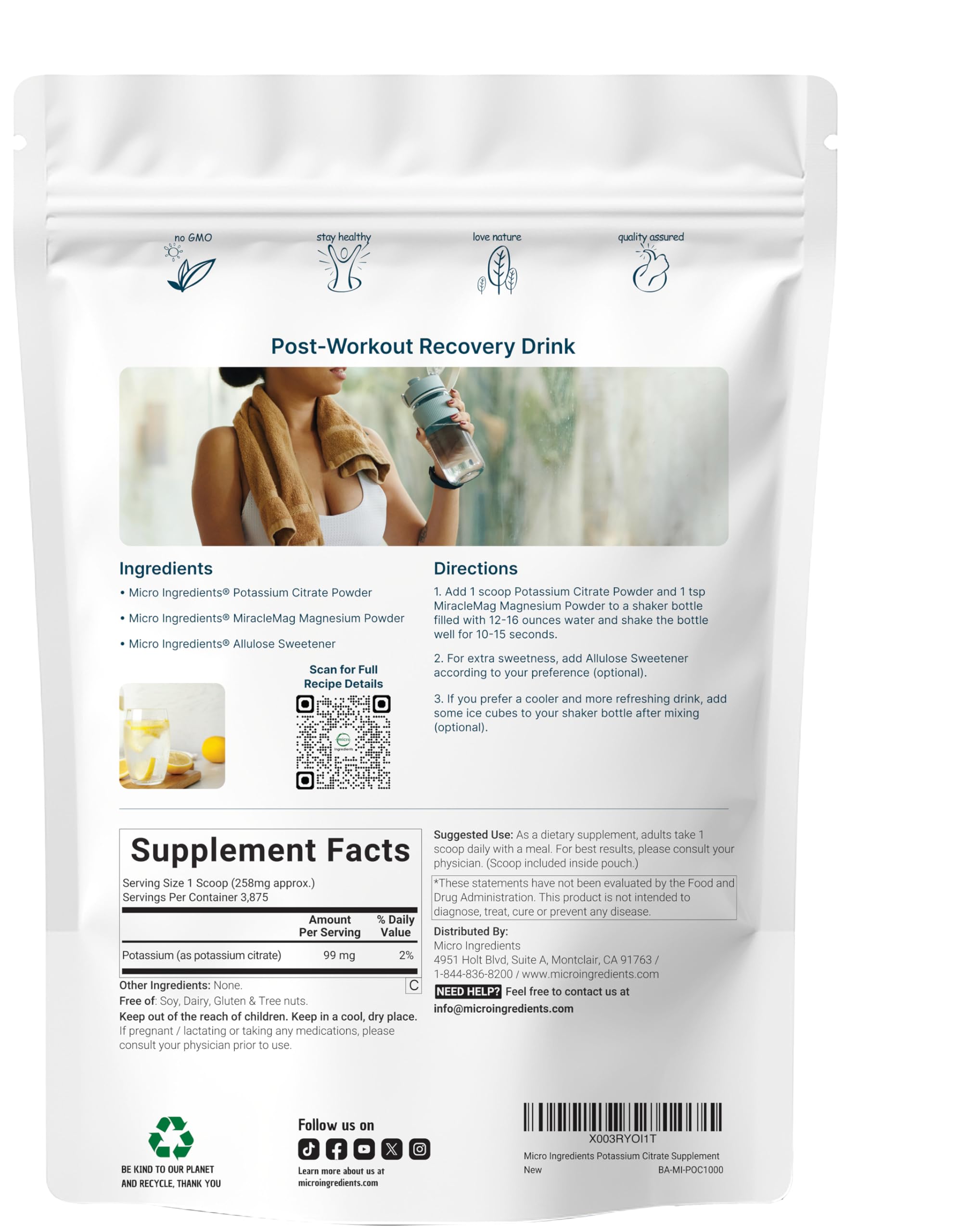 Back of 1 kg potassium citrate powder package showing nutrition facts