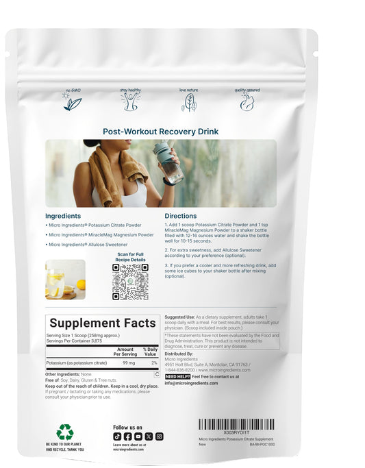 Back of 1 kg potassium citrate powder package showing nutrition facts