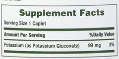 Potassium Gluconate 99 mg caplets in a bottle with vegetarian capsule