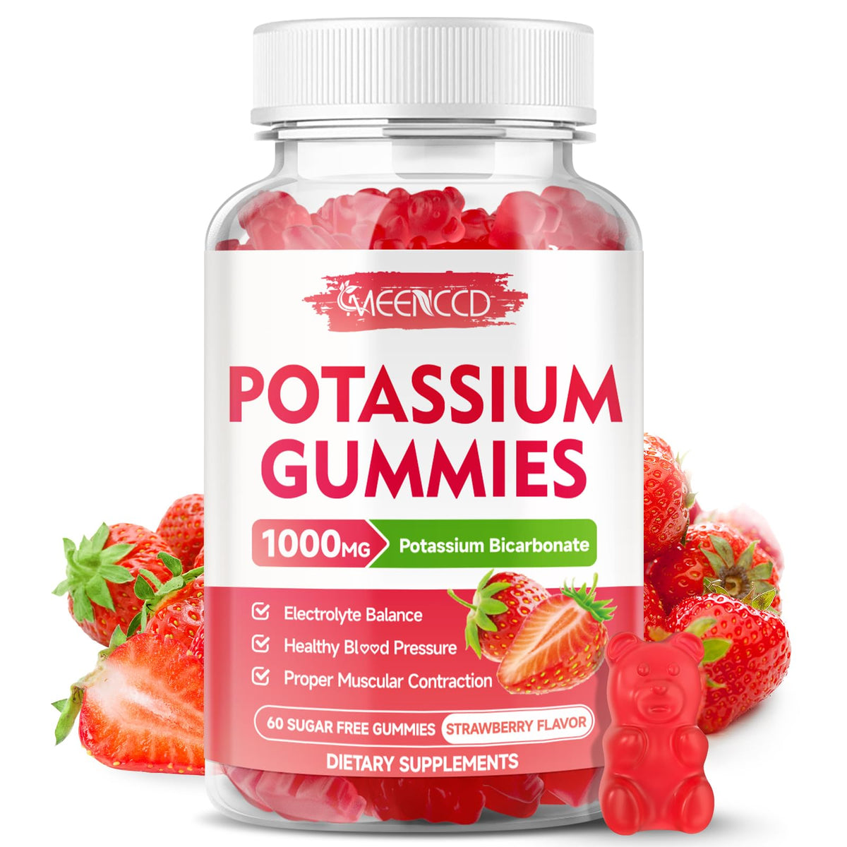Potassium Gummies 1000mg Strawberry flavor bottle front view
