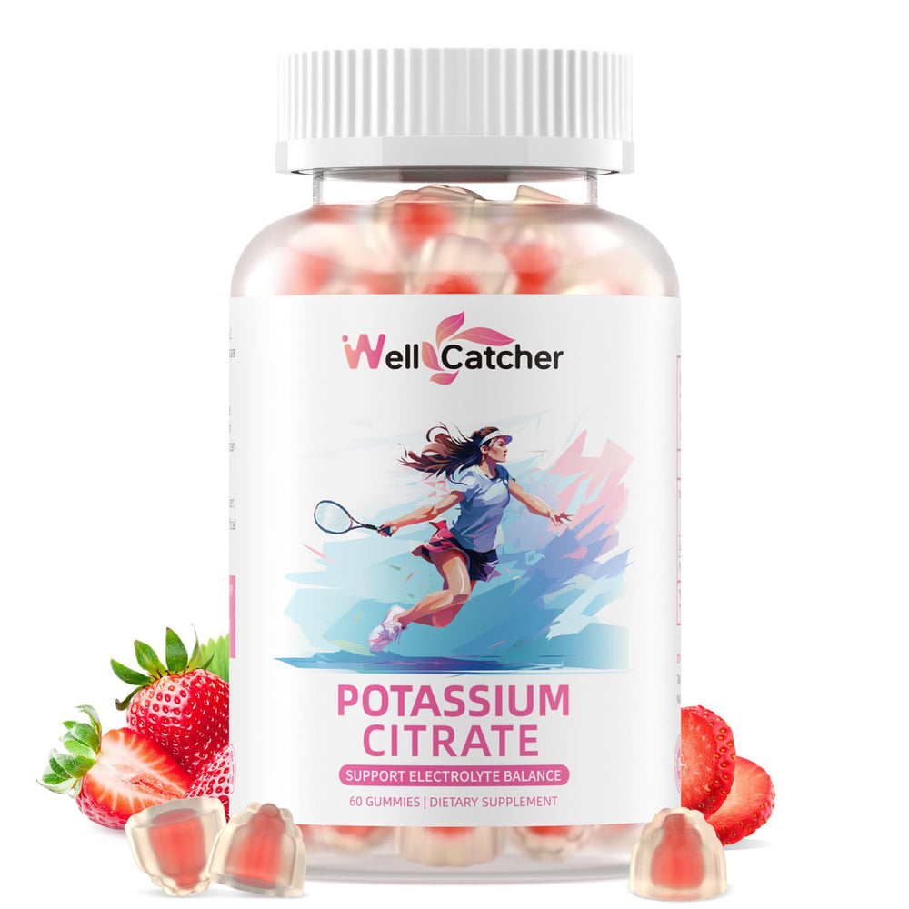 Potassium Gummies strawberry flavor bottle on white