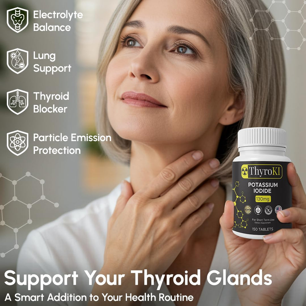 Front view of ThyroKI potassium iodide 130 mg bottle