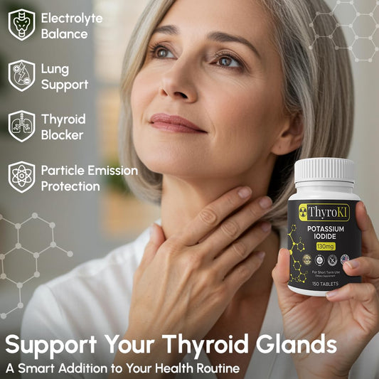 Front view of ThyroKI potassium iodide 130 mg bottle