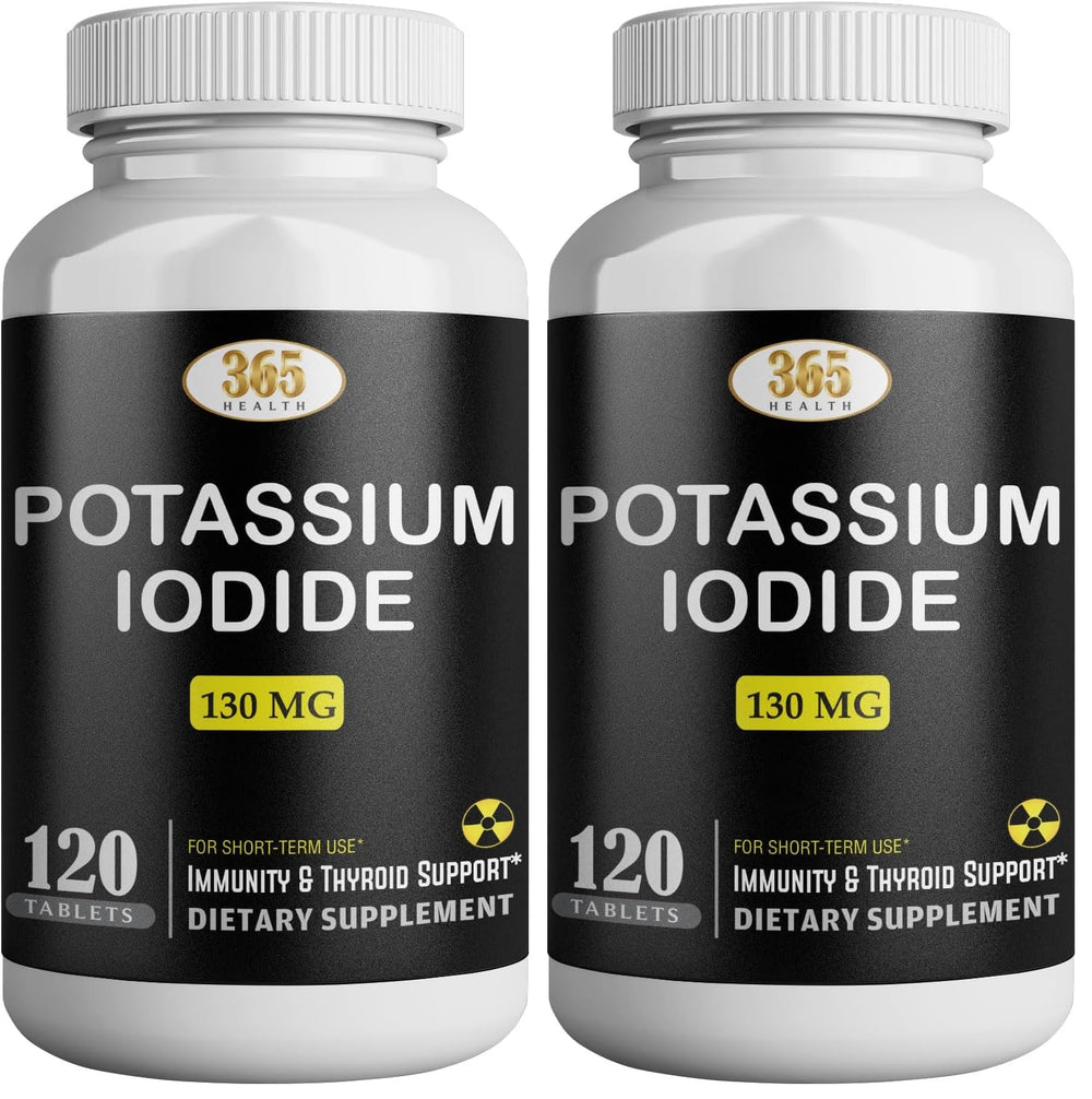 Front view of Potassium Iodide 130 mg KI tablets bottle