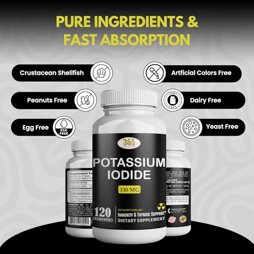 Side view of Potassium Iodide bottle with 120 tablets per bottle