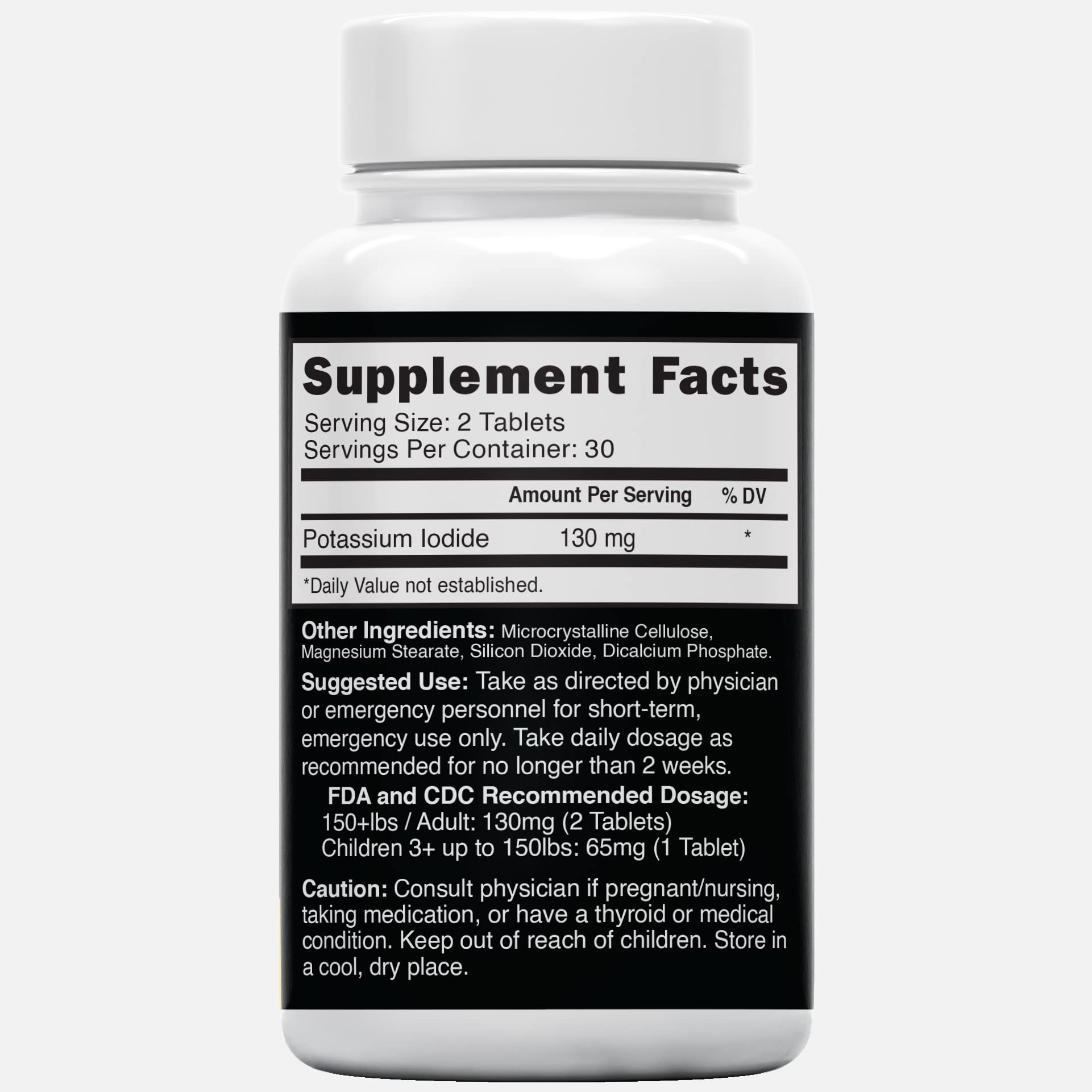 Front view of potassium iodide tablets bottle label