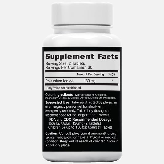 Front view of potassium iodide tablets bottle label