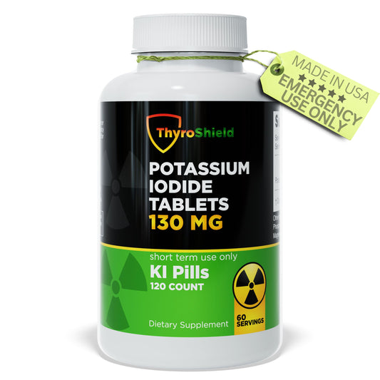 Front view of Potassium Iodide Tablets 130 mg bottle – 120 count