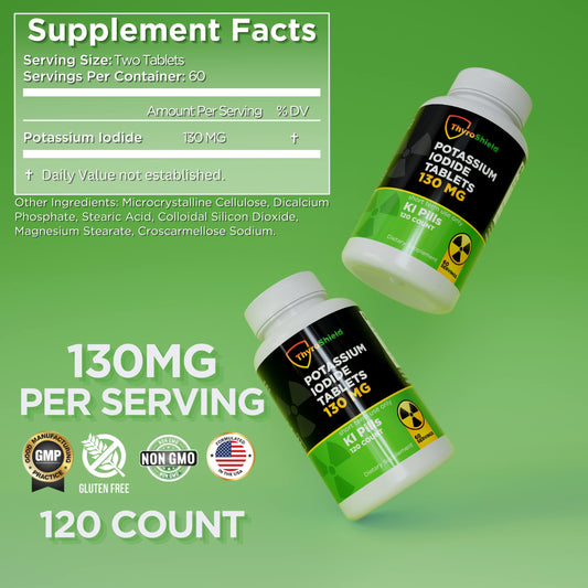 Product label showing 130 mg dosage of potassium iodide tablets
