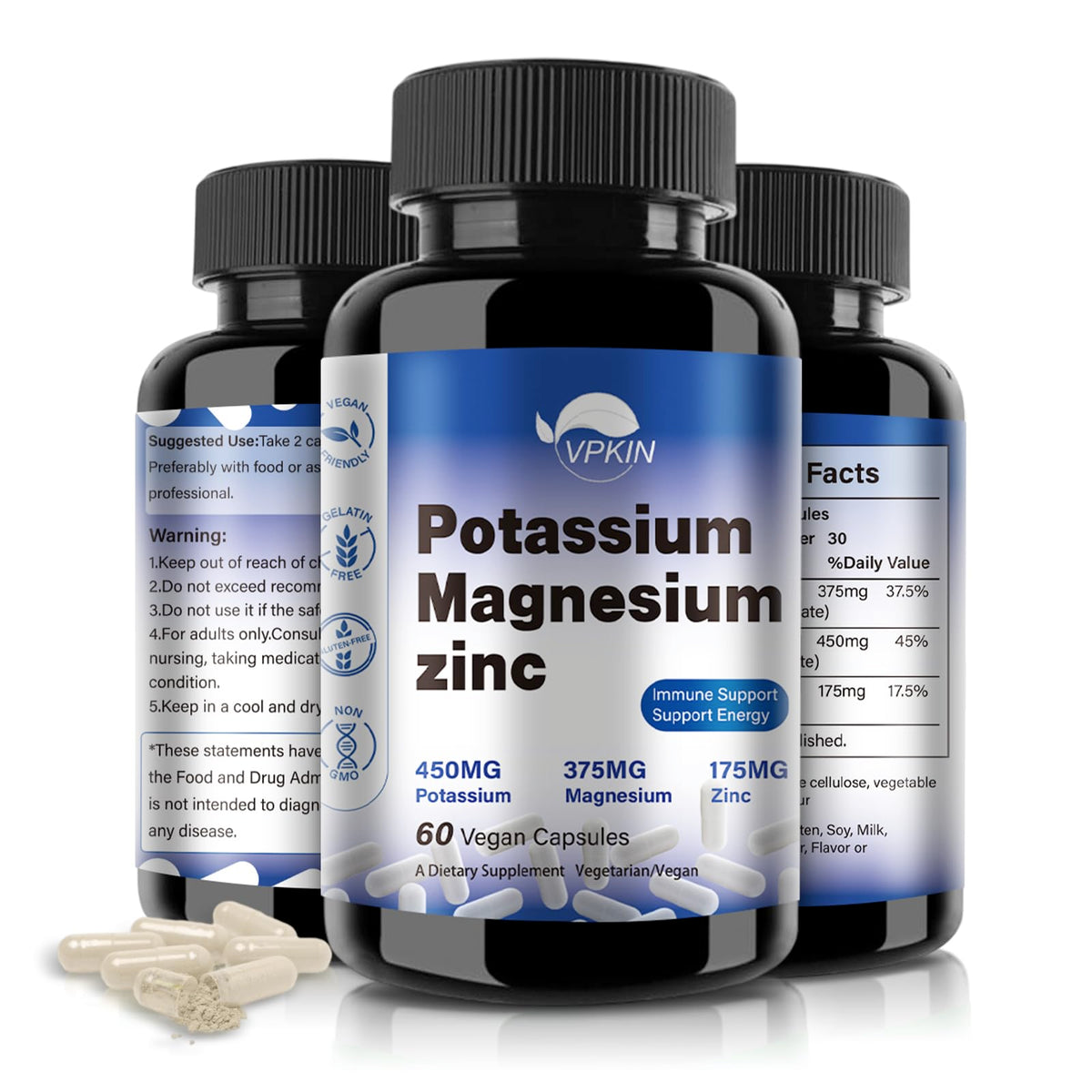 Bottle of Potassium Magnesium 1000mg supplement with 60 capsules