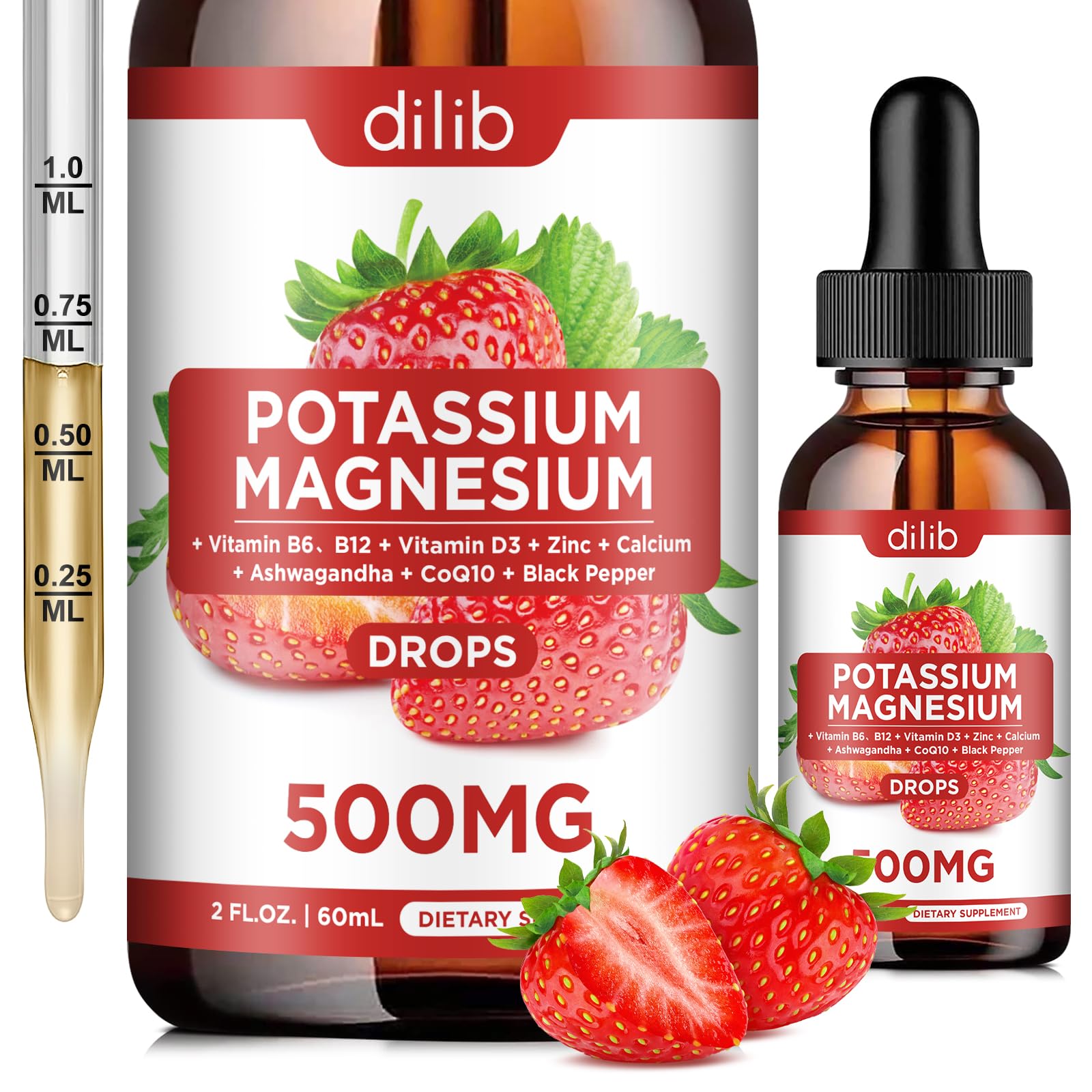 Label showing ingredients for potassium magnesium citrate liquid drops with ashwagandha
