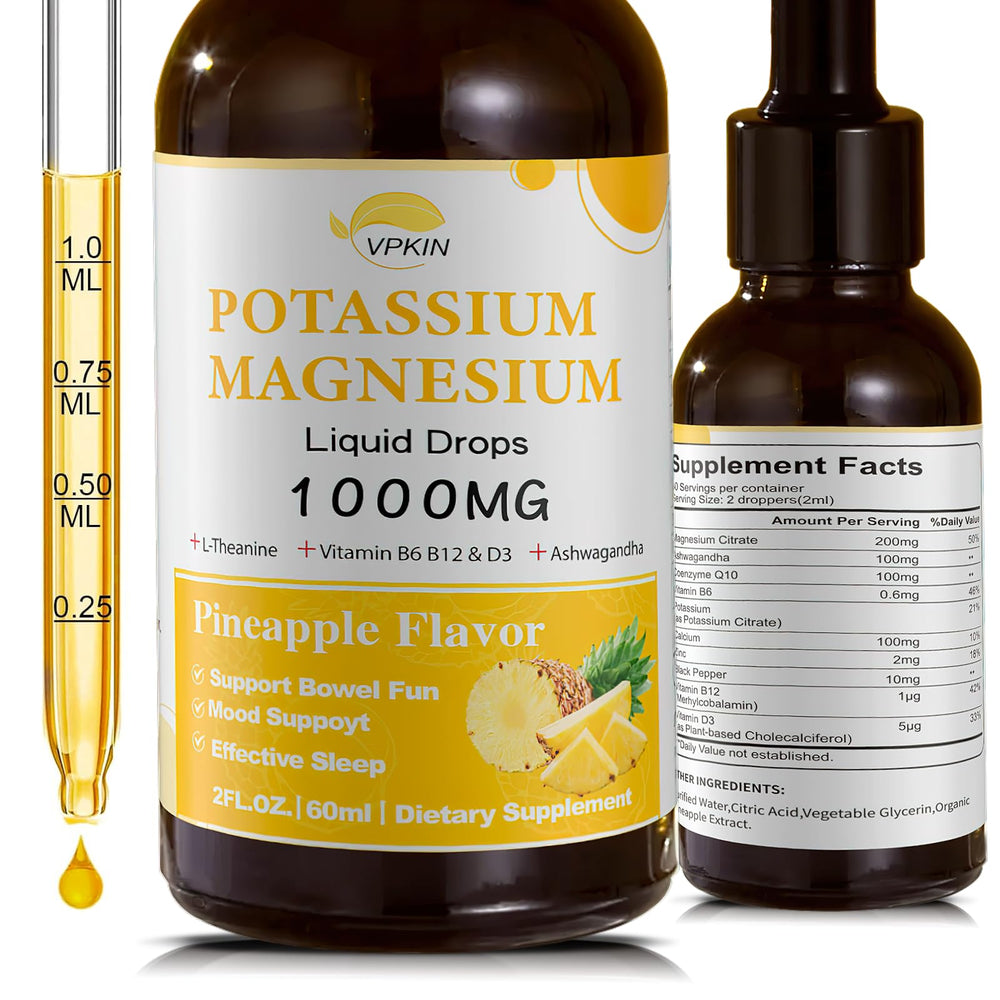 Bottle of pineapple-flavored potassium magnesium citrate liquid drops