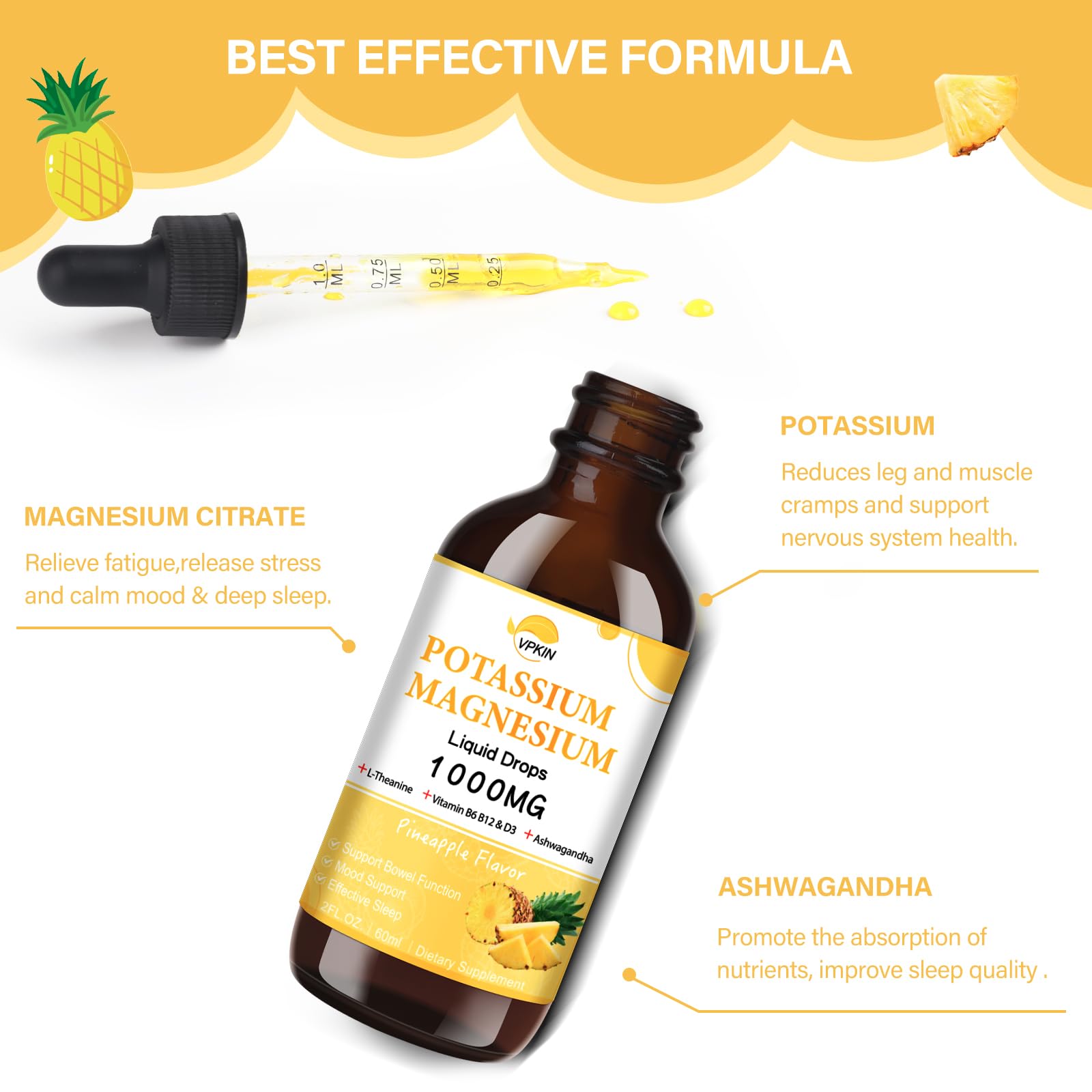 Close-up of pineapple-flavored liquid drops bottle