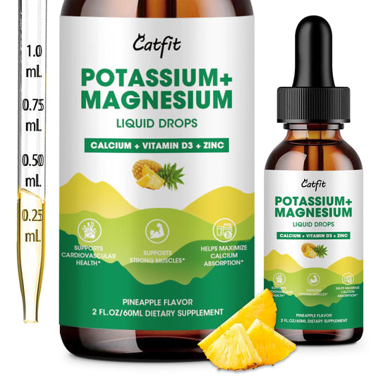 Bottle of potassium magnesium glycinate liquid drops with pineapple flavor, 2 oz