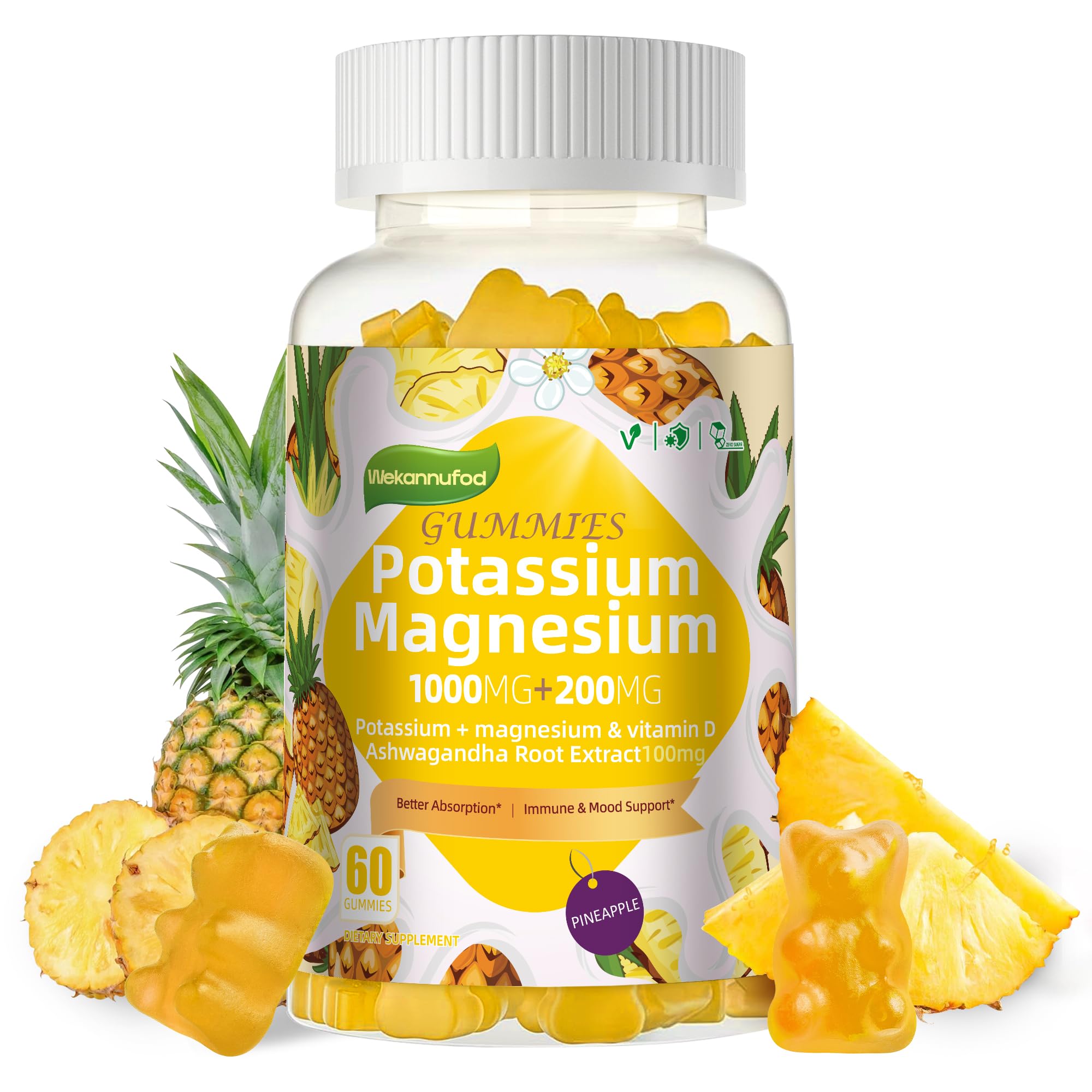 Pineapple-flavored potassium magnesium gummies bottle front