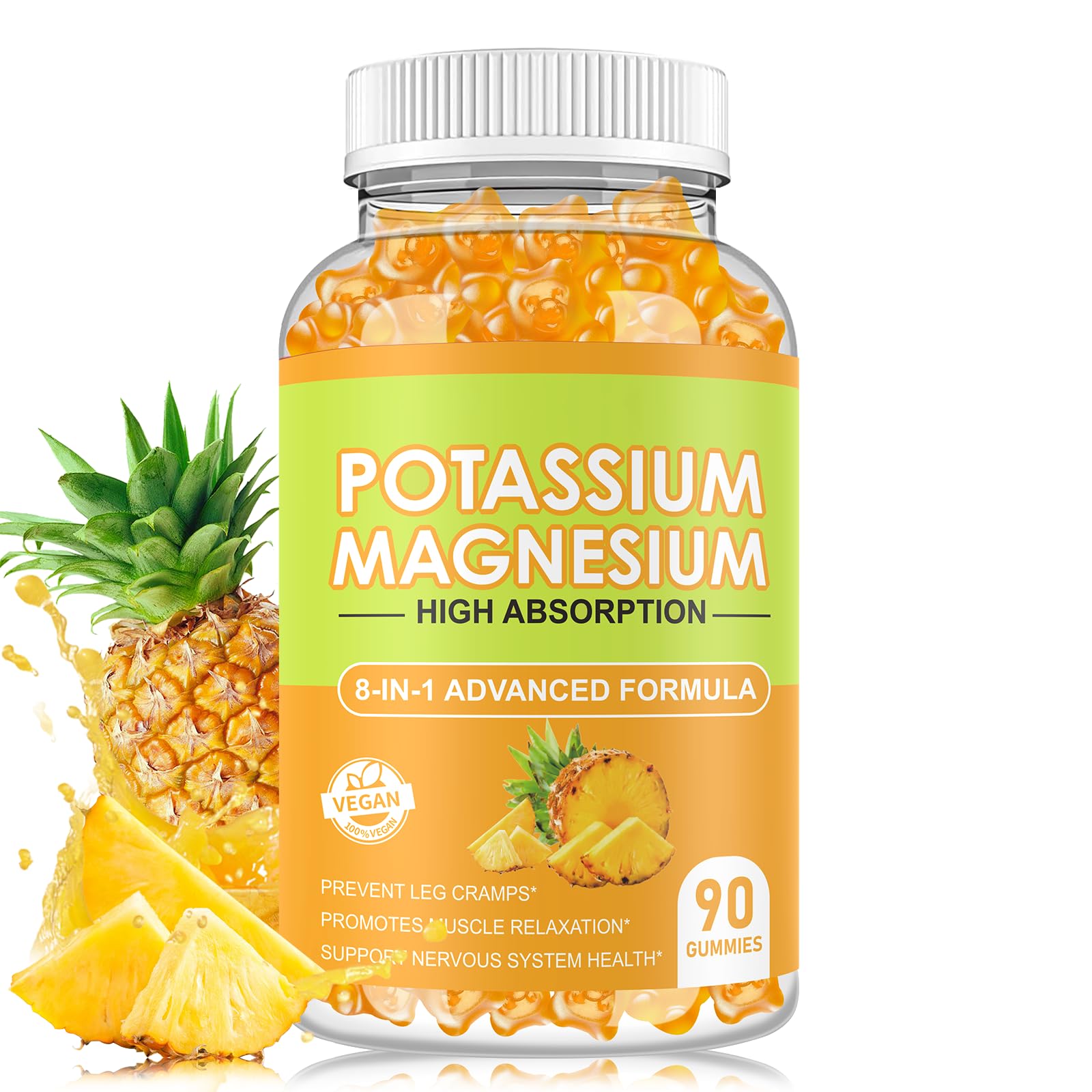 Potassium Magnesium Gummies bottle with label showing high absorption magnesium citrate B6 and D3
