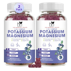 Two-pack bottle of potassium magnesium gummies with label