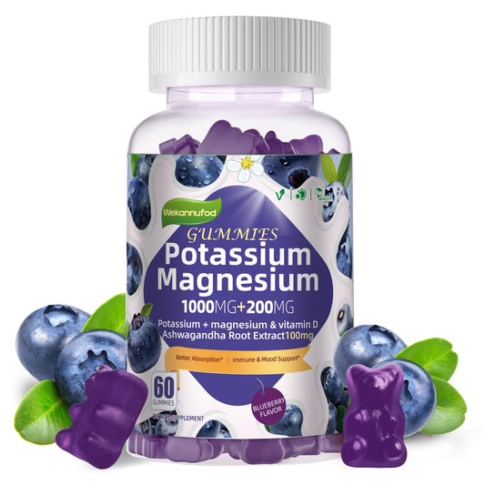 Front view of Potassium Magnesium Gummies blueberry flavor bottle