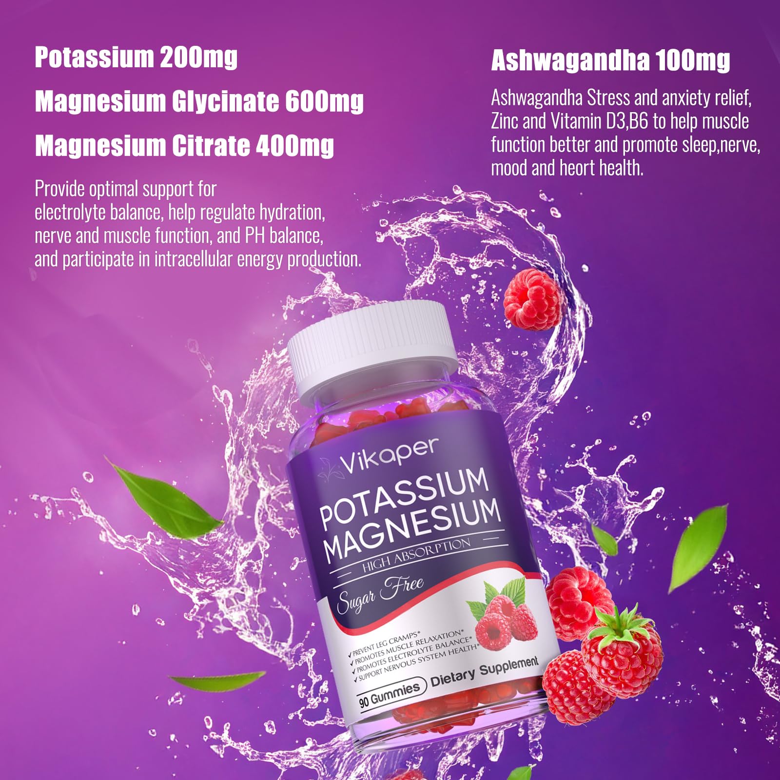 Potassium Magnesium Gummies Raspberry flavor bottle front view