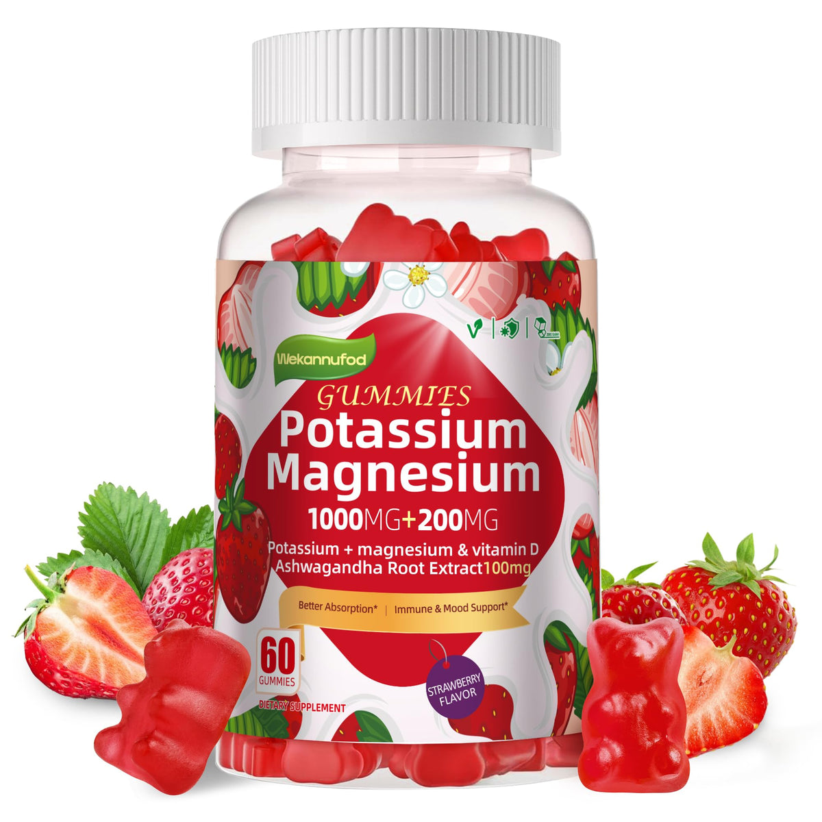 Front bottle of Potassium Magnesium Gummies, Strawberry flavor