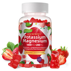 Front bottle of Potassium Magnesium Gummies, Strawberry flavor