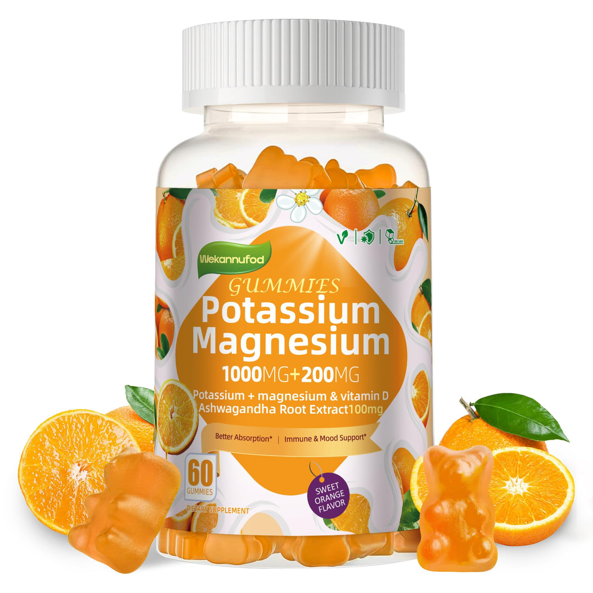 Bottle of Potassium Magnesium Gummies Sweet Orange flavor