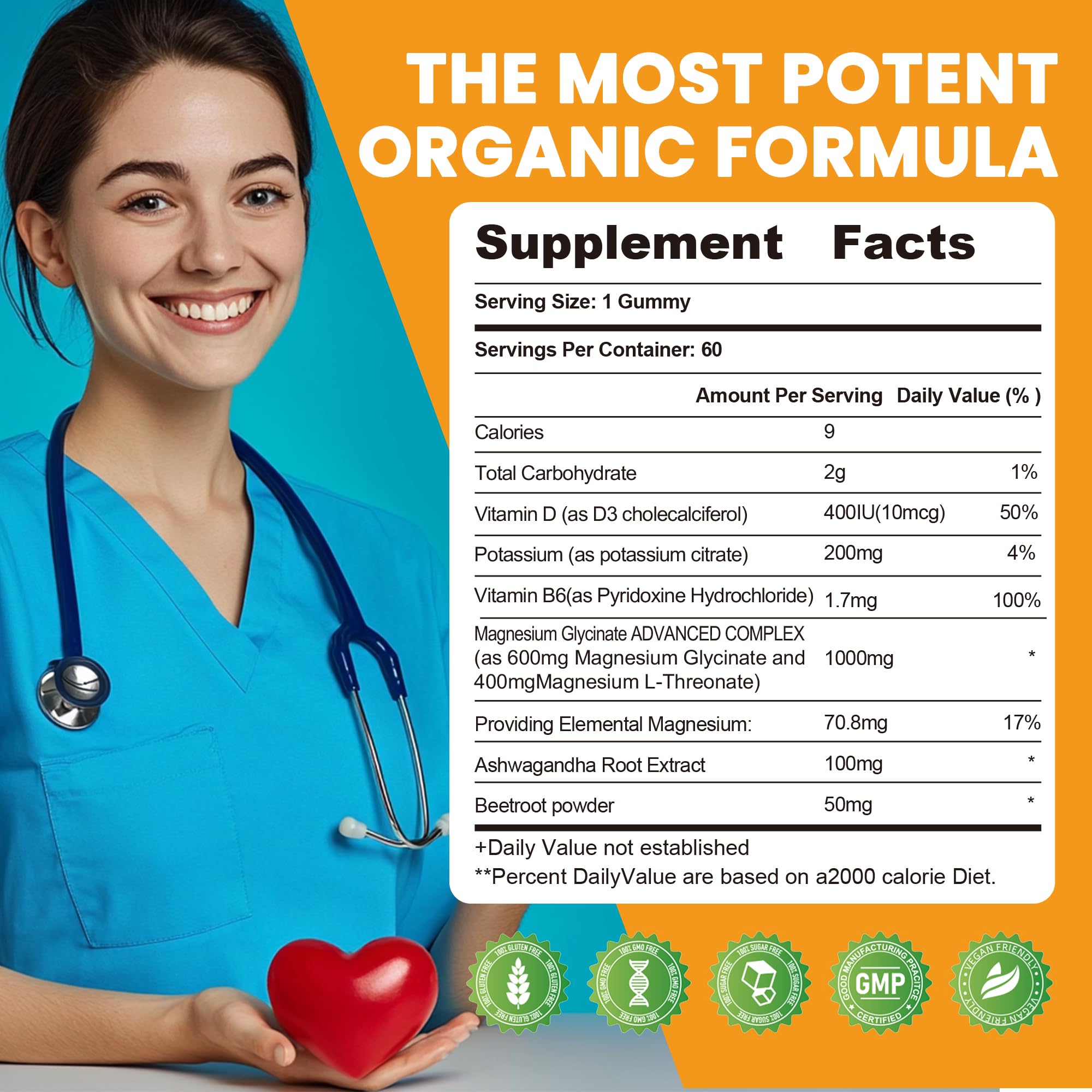 Front view of supplement facts highlighting 1000 mg magnesium glycinate and 200 mg potassium citrate