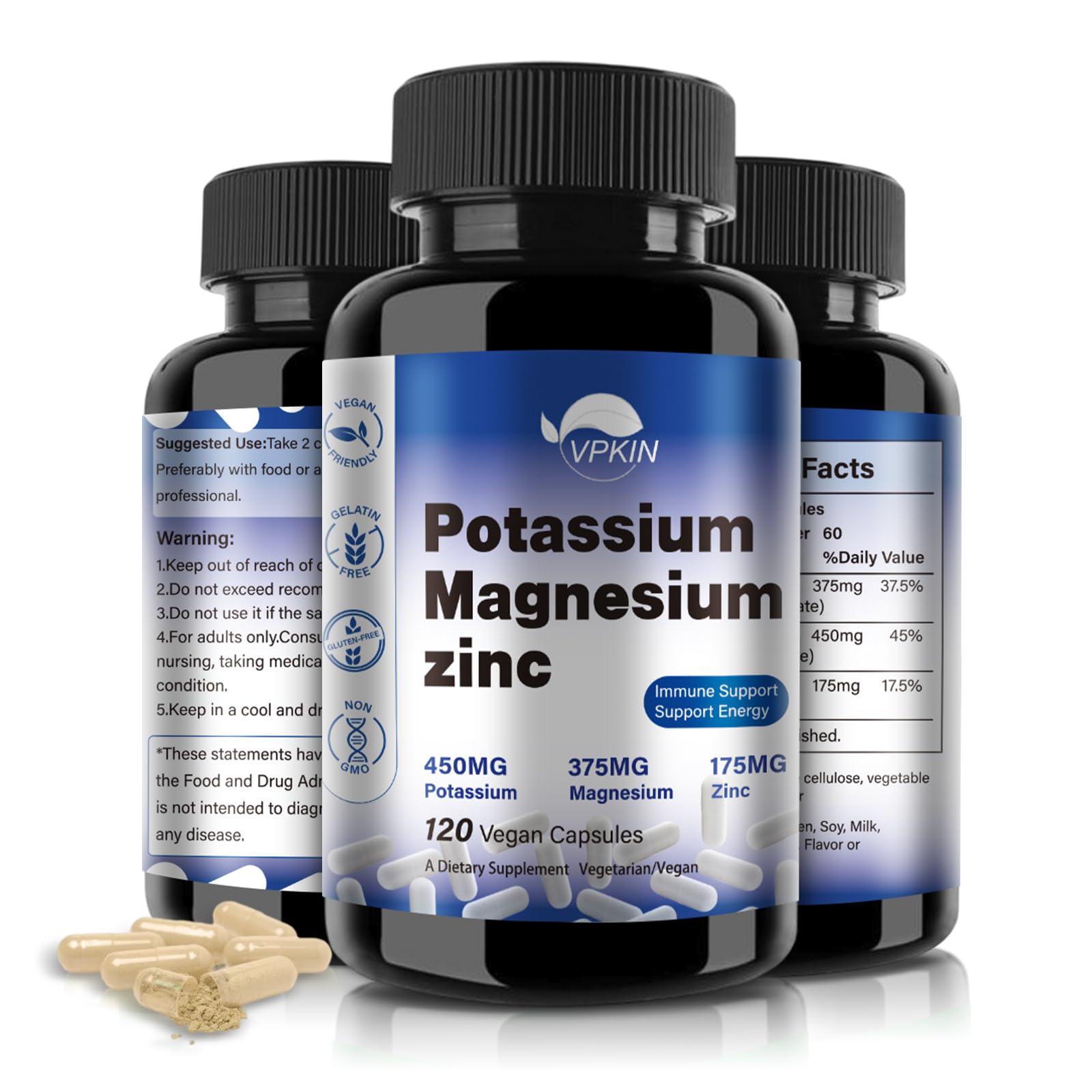 Potassium Magnesium supplement bottle containing 120 capsules
