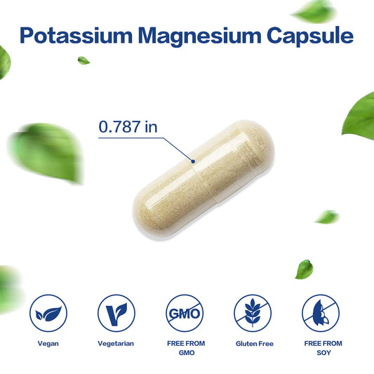 Close up of the bottle label for Potassium Magnesium supplement