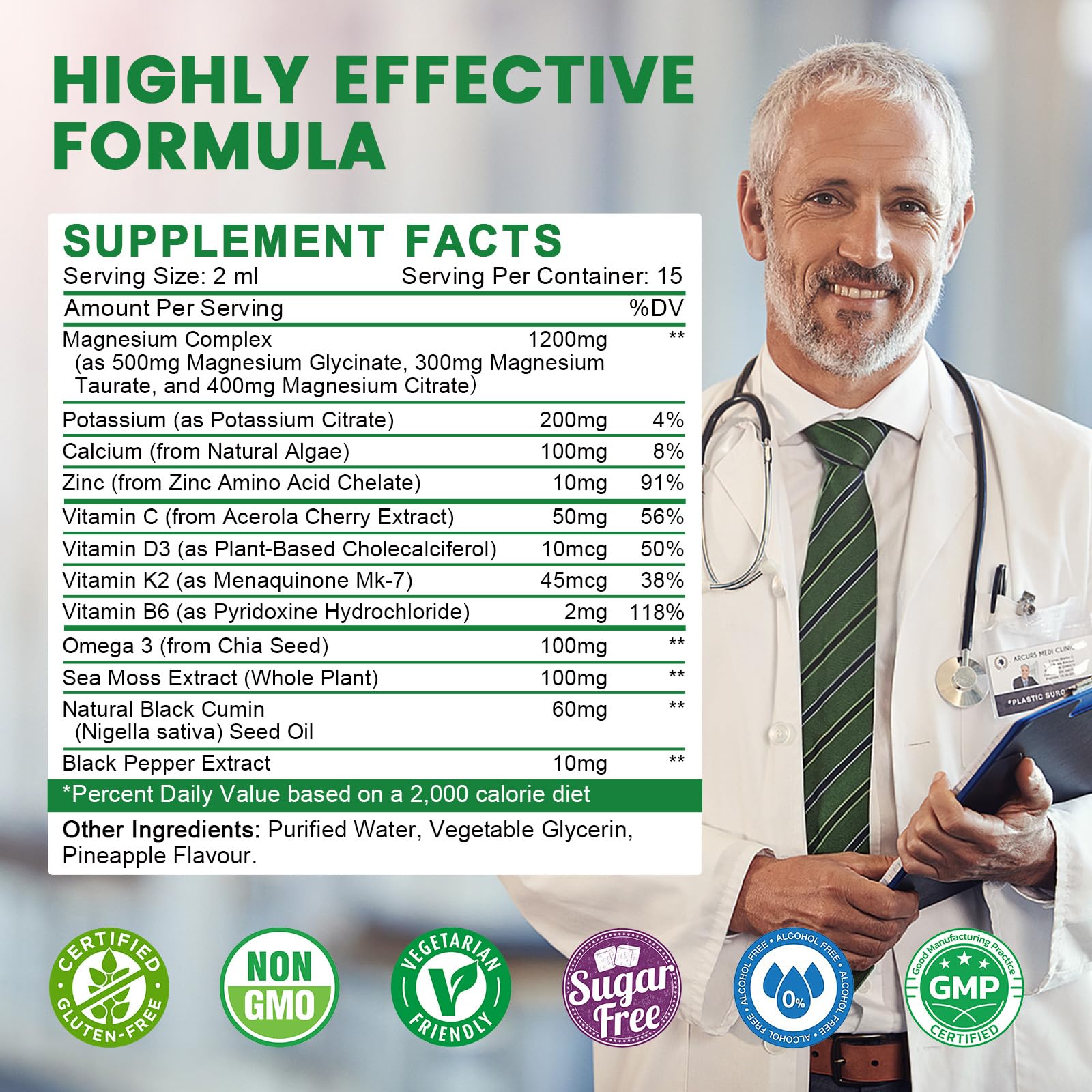 Close-up of pineapple flavor label on potassium magnesium supplement bottle