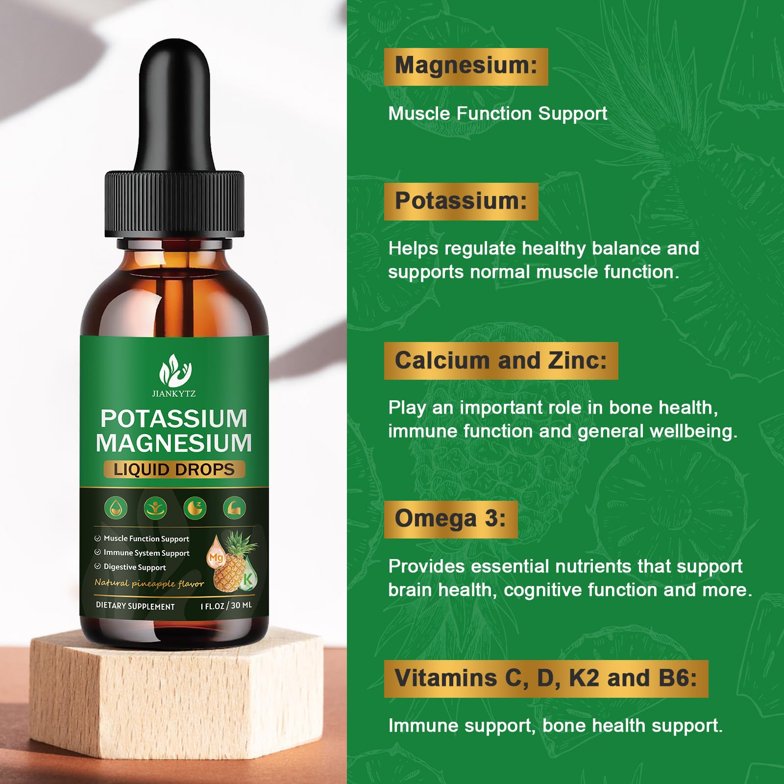 Front view of individual 1 oz bottles of potassium magnesium supplement