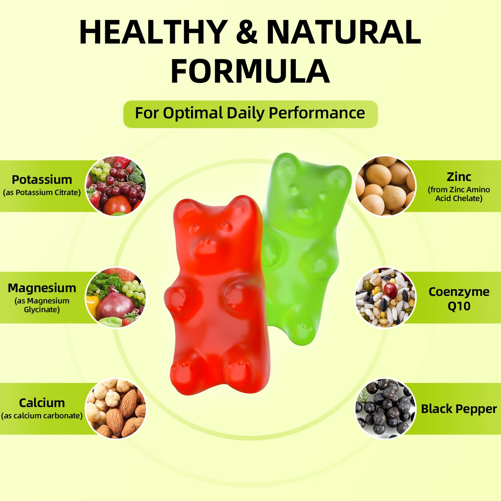 Gummies ingredients: magnesium glycinate, potassium, vitamin D3, zinc, coenzyme Q10
