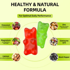 Gummies ingredients: magnesium glycinate, potassium, vitamin D3, zinc, coenzyme Q10