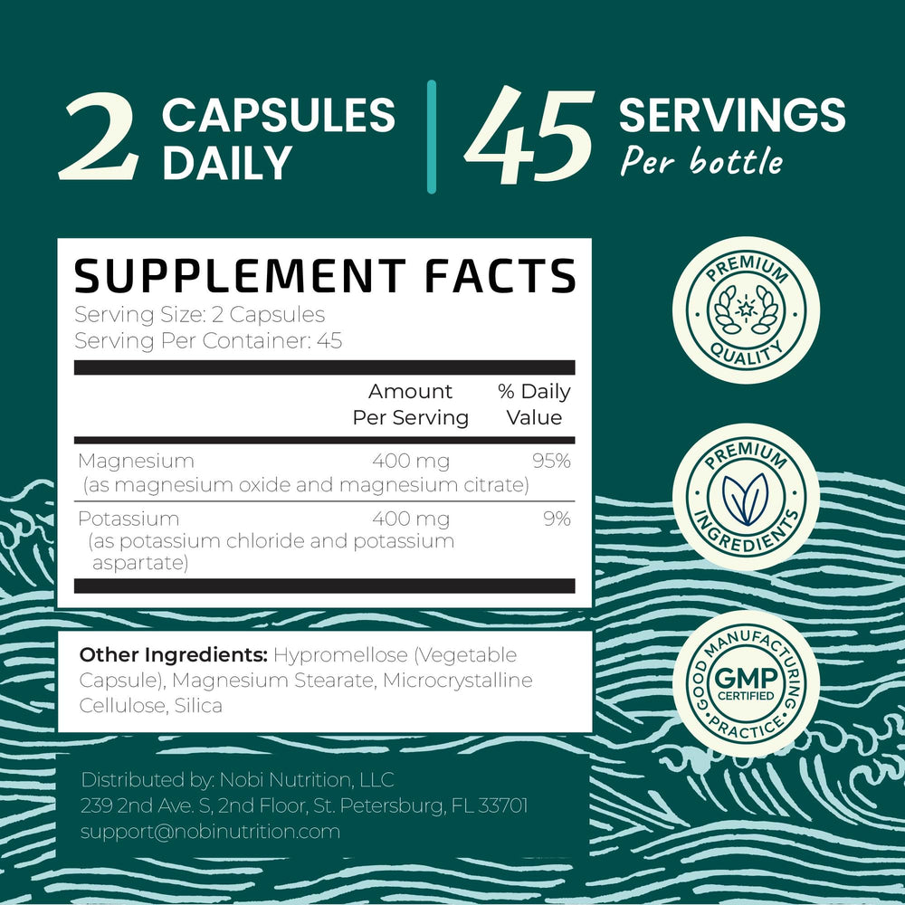 Potassium Magnesium label showing 400 mg Potassium and 400 mg Magnesium per serving