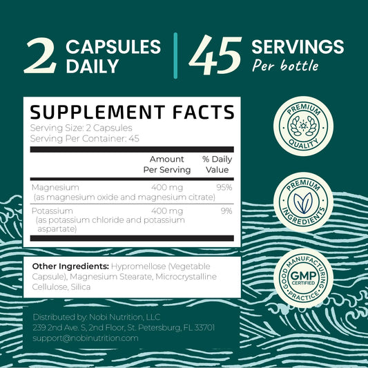 Potassium Magnesium label showing 400 mg Potassium and 400 mg Magnesium per serving