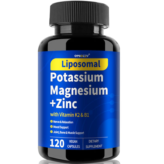 Front view of potassium magnesium zinc liposomal supplement bottle